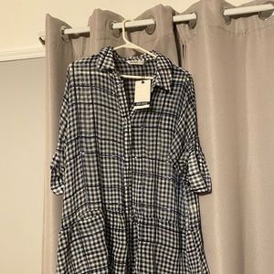 NWT Zara Navy Plaid Checkered Button Up Blouse.